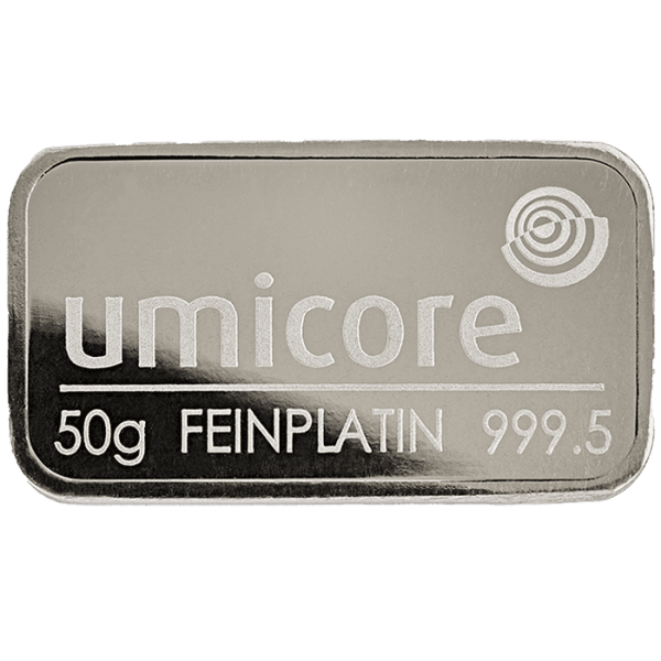 Stamped Platinum Bar 50 g Umicore